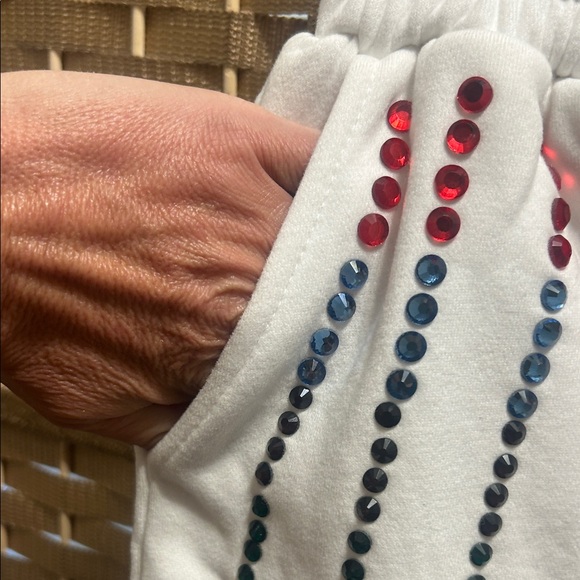 QUEEN OF SPARKLES White High-Waist Shorts with Rainbow Rhinestone Fringe - Picture 3 of 6